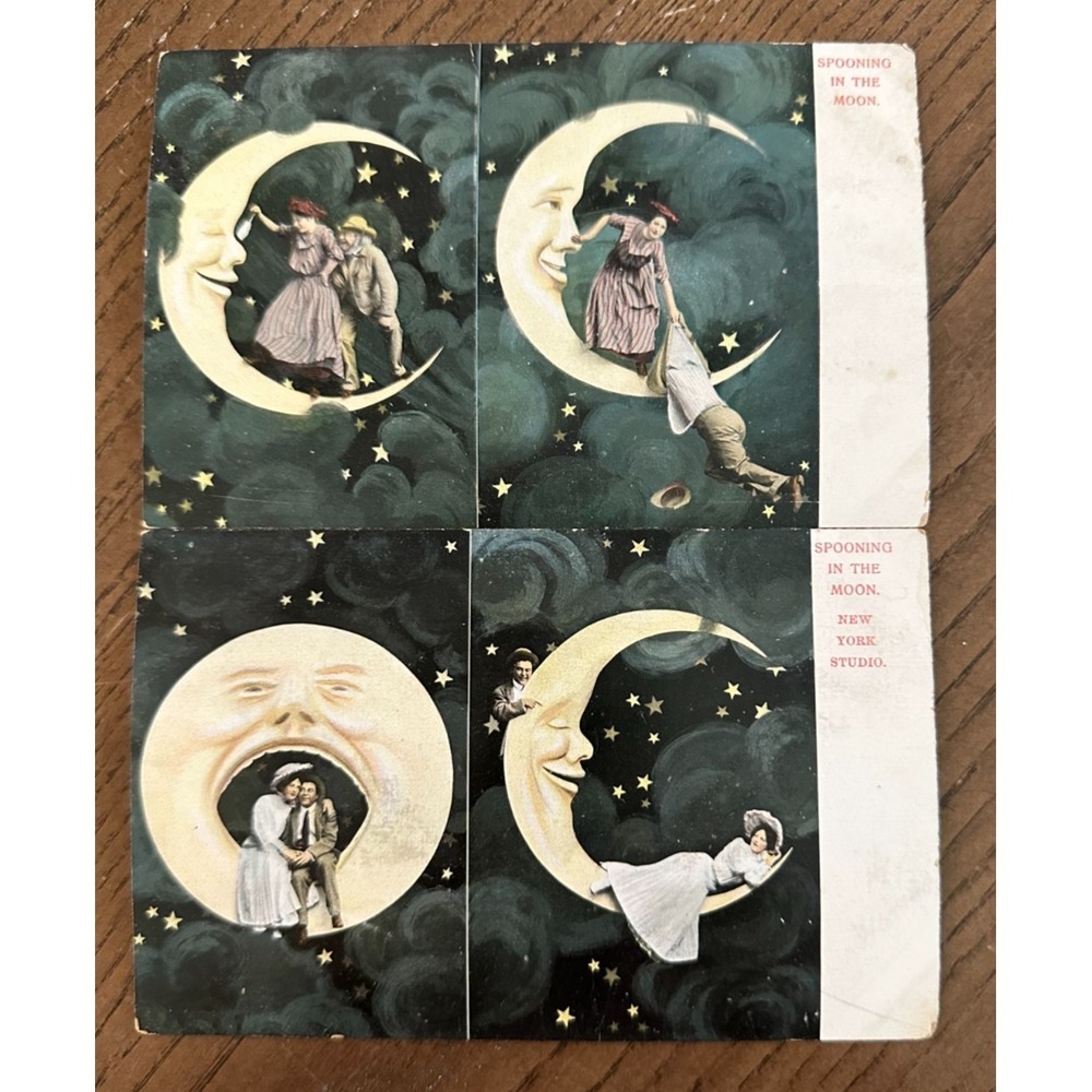 Spooning in the Moon Humor Romance 1907 Set of 2 Postcards UNUSED